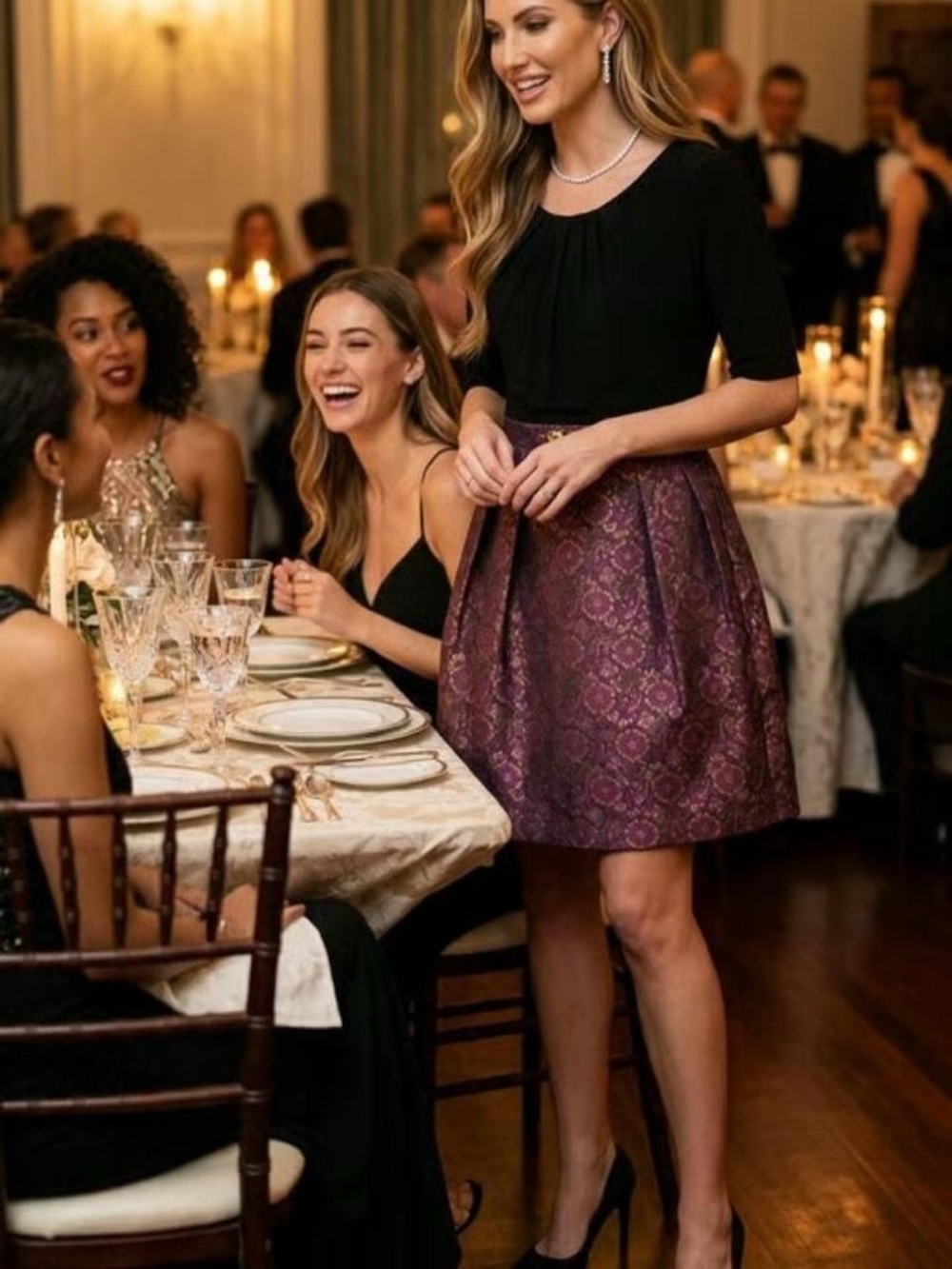 Adrianna Papell black & purple dress with gold floral pattern. 10
